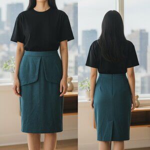 Vintage Miri New York Wool Blend Teal Skirt With Overlap Detail & Side Slits